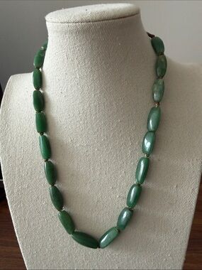Vintage Jade Green Aventurine Beaded Necklace Accented w/Brown Cord & Tassel,